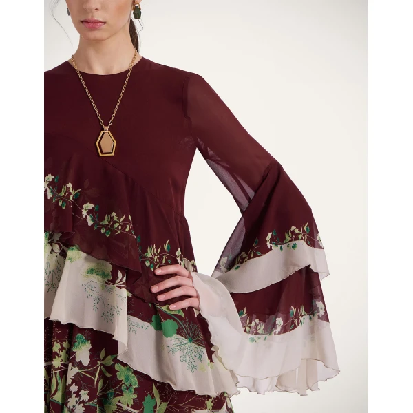 La DoubleJ Chemise Swing Dress Florette Fan Brown in Silk Twill - Dresses - Milanese Maximalist Fashion at Luxury Shoes 
