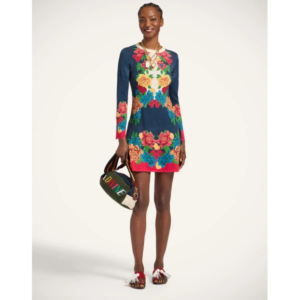 La DoubleJ Knit Long Sleeve Mini Swing Dress Queen Peony Placée Blue in Wool Silk Blend - Dresses - Milanese Maximalist Fashion at Luxury Shoes 