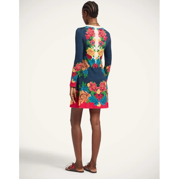La DoubleJ Knit Long Sleeve Mini Swing Dress Queen Peony Placée Blue in Wool Silk Blend - Dresses - Milanese Maximalist Fashion at Luxury Shoes 