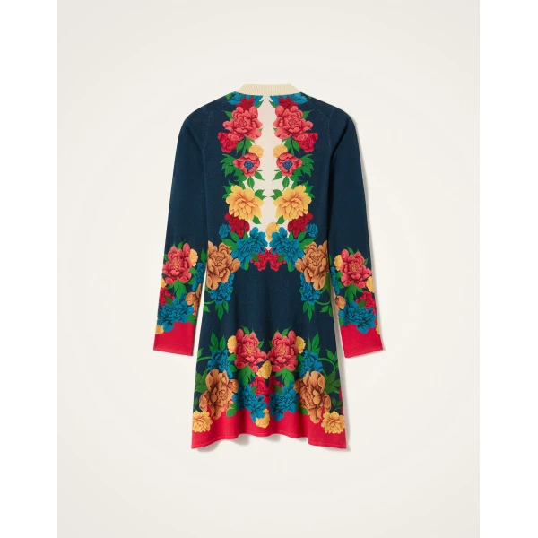 La DoubleJ Knit Long Sleeve Mini Swing Dress Queen Peony Placée Blue in Wool Silk Blend - Dresses - Milanese Maximalist Fashion at Luxury Shoes 