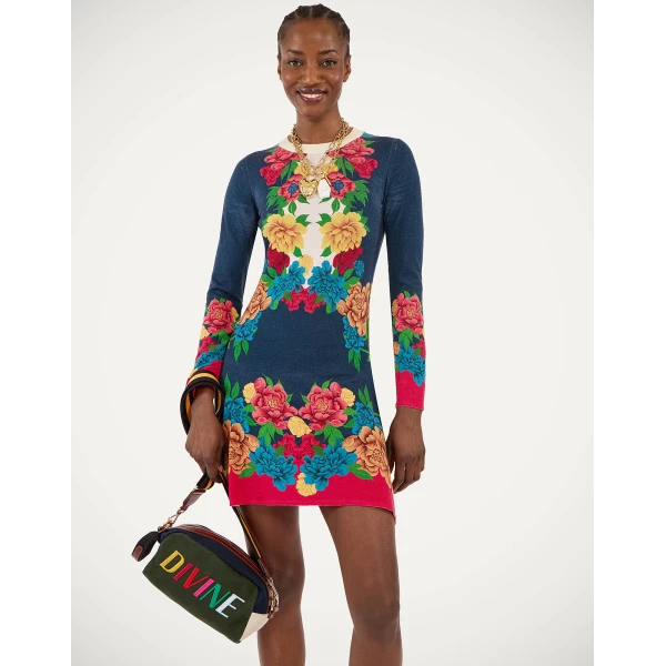 La DoubleJ Knit Long Sleeve Mini Swing Dress Queen Peony Placée Blue in Wool Silk Blend - Dresses - Milanese Maximalist Fashion at Luxury Shoes 