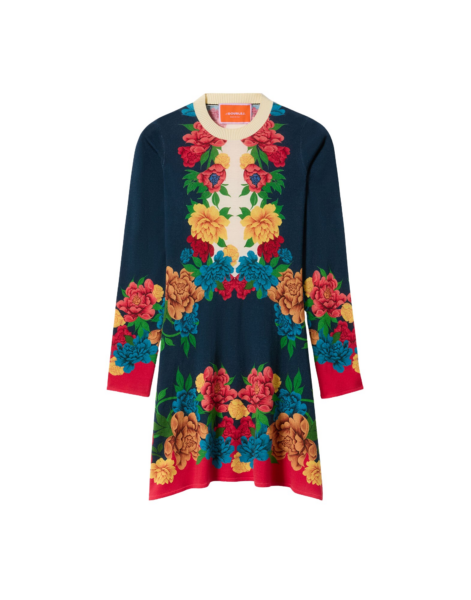 La DoubleJ Knit Long Sleeve Mini Swing Dress Queen Peony Placée Blue in Wool Silk Blend - Dresses - Milanese Maximalist Fashion at Luxury Shoes 