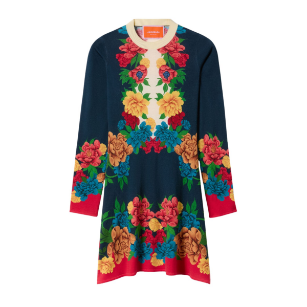 La DoubleJ Knit Long Sleeve Mini Swing Dress Queen Peony Placée Blue in Wool Silk Blend