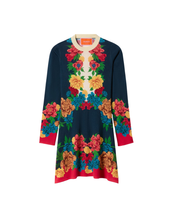 La DoubleJ Knit Long Sleeve Mini Swing Dress Queen Peony Placée Blue in Wool Silk Blend - Dresses - Milanese Maximalist Fashion at Luxury Shoes 