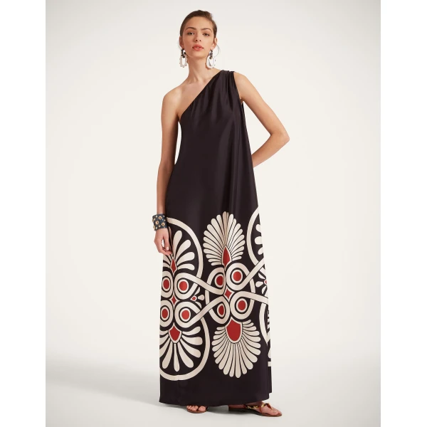 La DoubleJ Long Camerino Dress Blooming Tulip Placée Dark Green in Crepe De Chine - Dresses - Milanese Maximalist Fashion at Luxury Shoes 