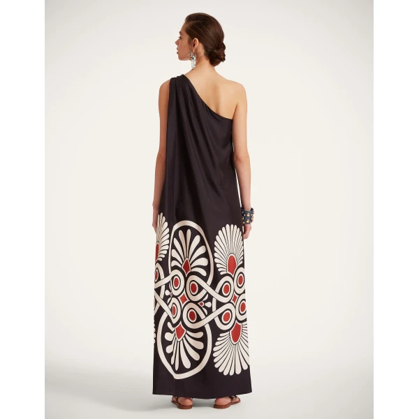 La DoubleJ Long Camerino Dress Blooming Tulip Placée Dark Green in Crepe De Chine - Dresses - Milanese Maximalist Fashion at Luxury Shoes 