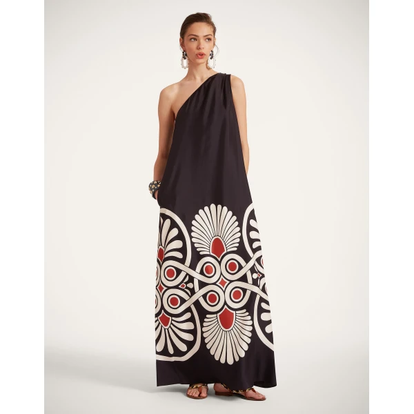 La DoubleJ Long Camerino Dress Blooming Tulip Placée Dark Green in Crepe De Chine - Dresses - Milanese Maximalist Fashion at Luxury Shoes 