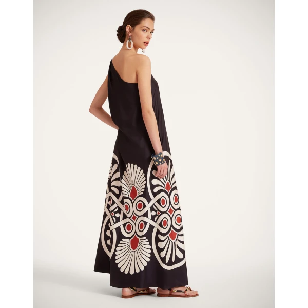 La DoubleJ Long Camerino Dress Blooming Tulip Placée Dark Green in Crepe De Chine - Dresses - Milanese Maximalist Fashion at Luxury Shoes 