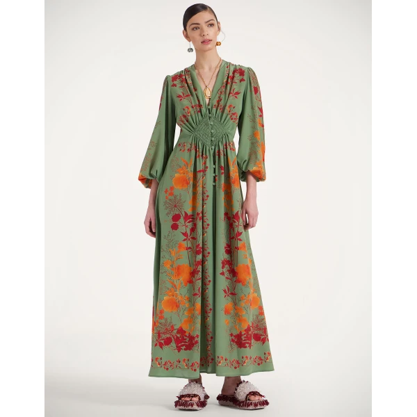 La DoubleJ Long Camerino Dress Woodland Placée Green & Orange in Crepe De Chine - Dresses - Milanese Maximalist Fashion at Luxury Shoes 