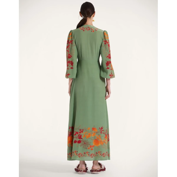 La DoubleJ Long Camerino Dress Woodland Placée Green & Orange in Crepe De Chine - Dresses - Milanese Maximalist Fashion at Luxury Shoes 