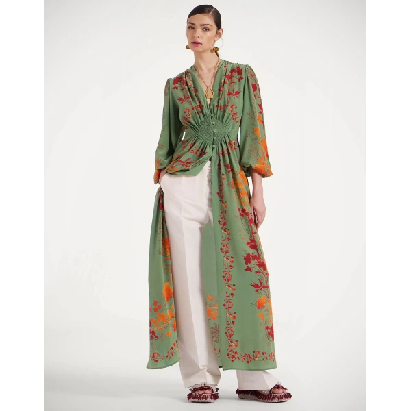 La DoubleJ Long Camerino Dress Woodland Placée Green & Orange in Crepe De Chine - Dresses - Milanese Maximalist Fashion at Luxury Shoes 