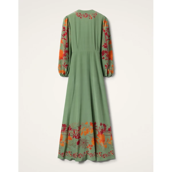 La DoubleJ Long Camerino Dress Woodland Placée Green & Orange in Crepe De Chine - Dresses - Milanese Maximalist Fashion at Luxury Shoes 