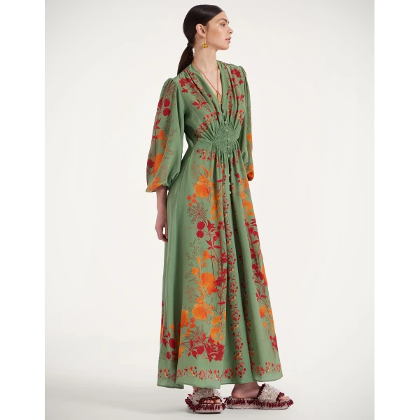 La DoubleJ Long Camerino Dress Woodland Placée Green & Orange in Crepe De Chine - Dresses - Milanese Maximalist Fashion at Luxury Shoes 