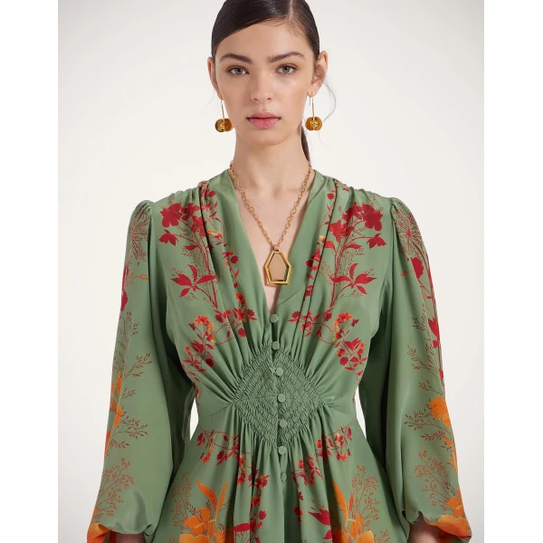 La DoubleJ Long Camerino Dress Woodland Placée Green & Orange in Crepe De Chine - Dresses - Milanese Maximalist Fashion at Luxury Shoes 