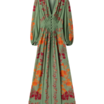 La DoubleJ Long Camerino Dress Woodland Placée Green & Orange in Crepe De Chine - Dresses - Milanese Maximalist Fashion at Luxury Shoes 