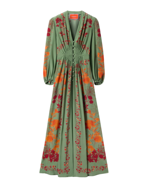 La DoubleJ Long Camerino Dress Woodland Placée Green & Orange in Crepe De Chine - Dresses - Milanese Maximalist Fashion at Luxury Shoes 