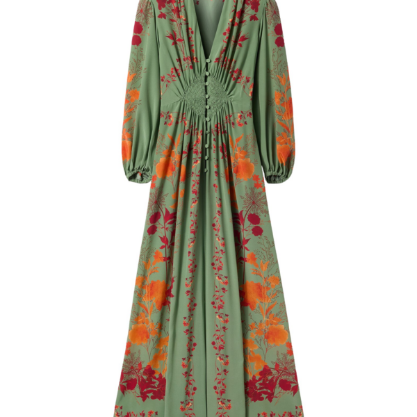 La DoubleJ Long Camerino Dress Woodland Placée Green & Orange in Crepe De Chine