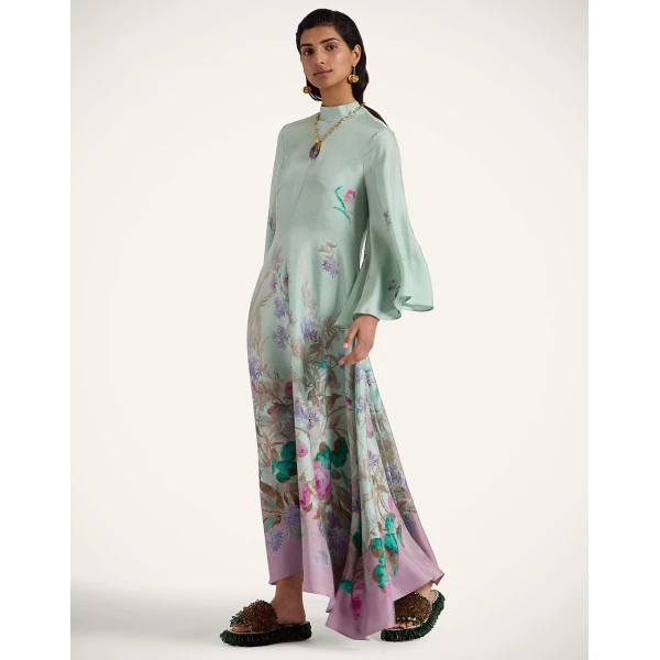 La DoubleJ Long Sleeve Swing Dress Queen Peony Placée Red in Sablé Satin - Dresses - Milanese Maximalist Fashion at Luxury Shoes 