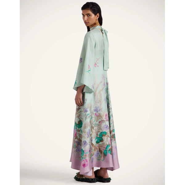 La DoubleJ Long Sleeve Swing Dress Queen Peony Placée Red in Sablé Satin - Dresses - Milanese Maximalist Fashion at Luxury Shoes 