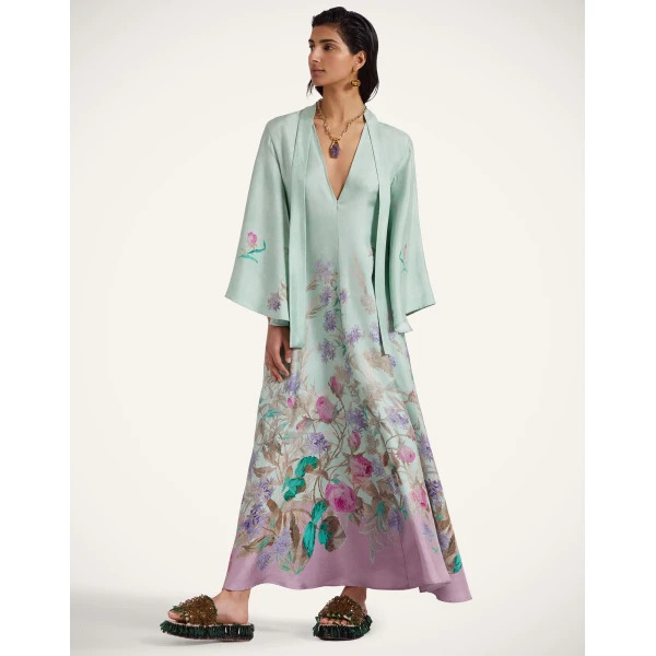 La DoubleJ Long Sleeve Swing Dress Queen Peony Placée Red in Sablé Satin - Dresses - Milanese Maximalist Fashion at Luxury Shoes 