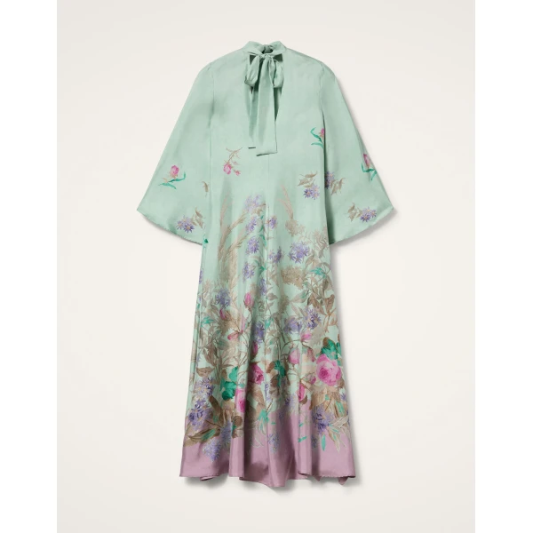 La DoubleJ Long Sleeve Swing Dress Queen Peony Placée Red in Sablé Satin - Dresses - Milanese Maximalist Fashion at Luxury Shoes 