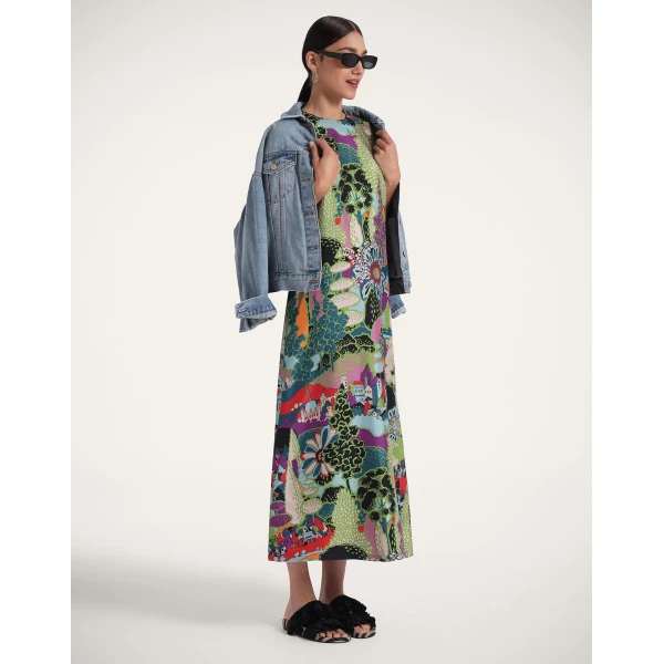 La DoubleJ Mini Swing Dress Blooming Tulip Placée Dark Green in Silk Twill with Feathers - Dresses - Milanese Maximalist Fashion at Luxury Shoes 