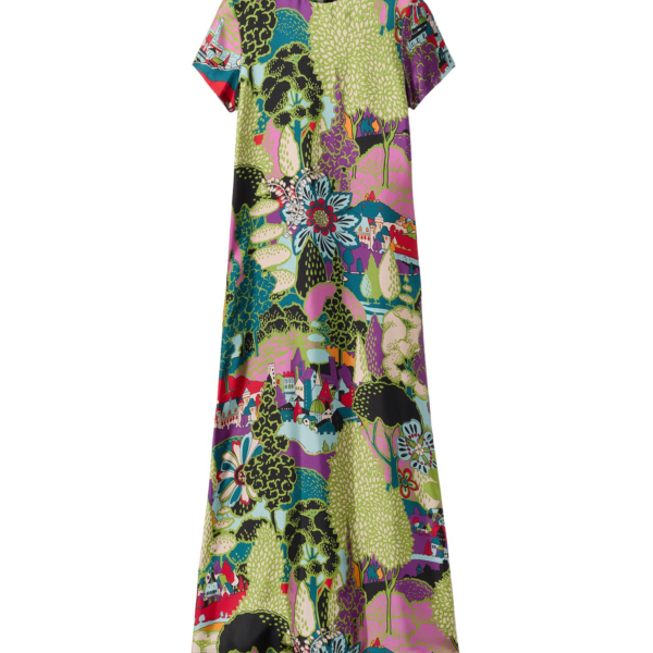La DoubleJ Mini Swing Dress Blooming Tulip Placée Dark Green in Silk Twill with Feathers