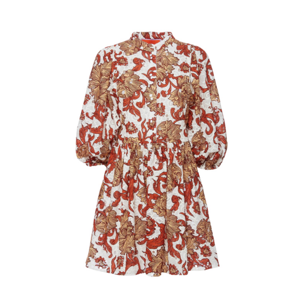 La DoubleJ Mini Swing Dress Florette Tiles Ecru in Cotton Mix Jacquard With Scallop