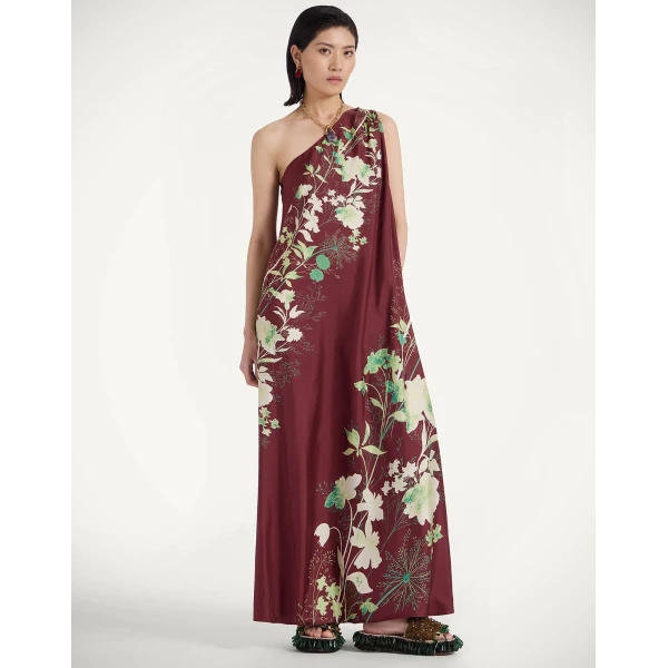 La DoubleJ Roy Dress Woodland Placée Burgundy in Silk Twill - Dresses - Milanese Maximalist Fashion at Luxury Shoes 