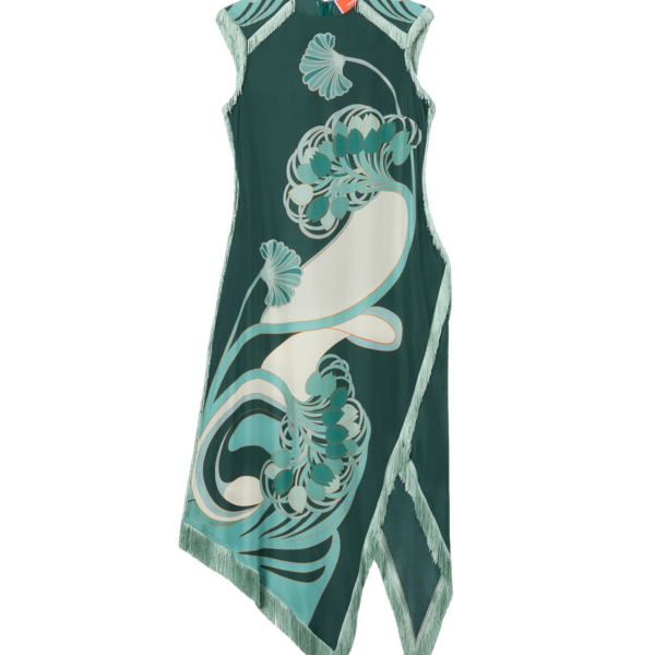 La DoubleJ Scarf Dress Blooming Tulip Placée Dark Green in Silk Voile