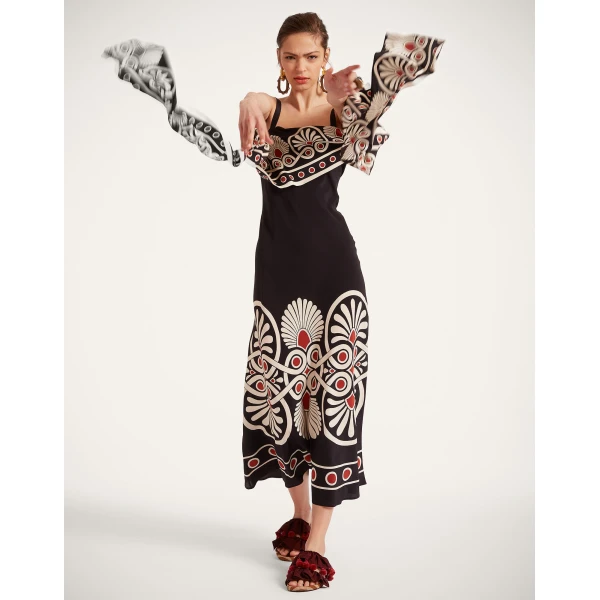 La DoubleJ Slip-Around Dress Medallion Placée Black in Crepe De Chine - Dresses - Milanese Maximalist Fashion at Luxury Shoes 