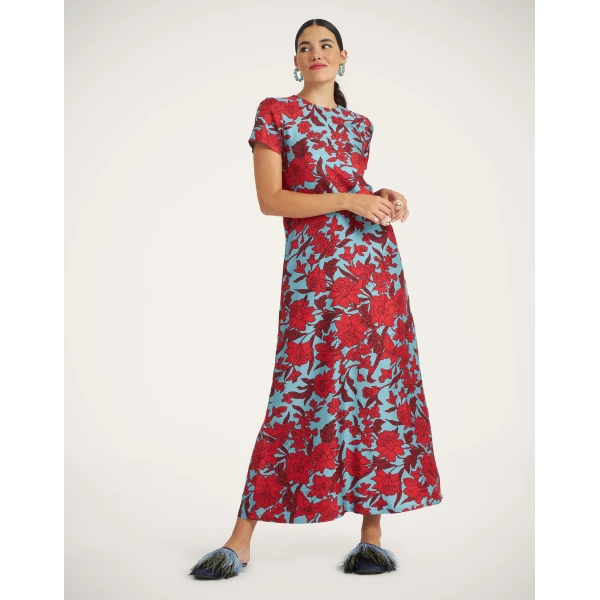 La DoubleJ Swing Dress Lilium Turchese in Silk Twill - Dresses - Milanese Maximalist Fashion at Luxury Shoes 