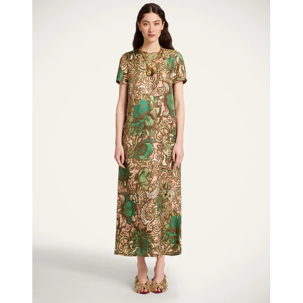 La DoubleJ Swing Dress Nucleus Placée Dusty Pink in Silk Twill With Feathers - Dresses - Milanese Maximalist Fashion at Luxury Shoes 