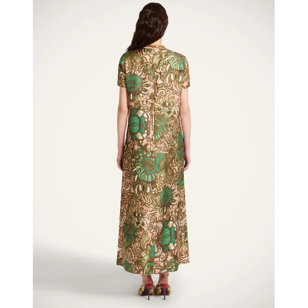 La DoubleJ Swing Dress Nucleus Placée Dusty Pink in Silk Twill With Feathers - Dresses - Milanese Maximalist Fashion at Luxury Shoes 