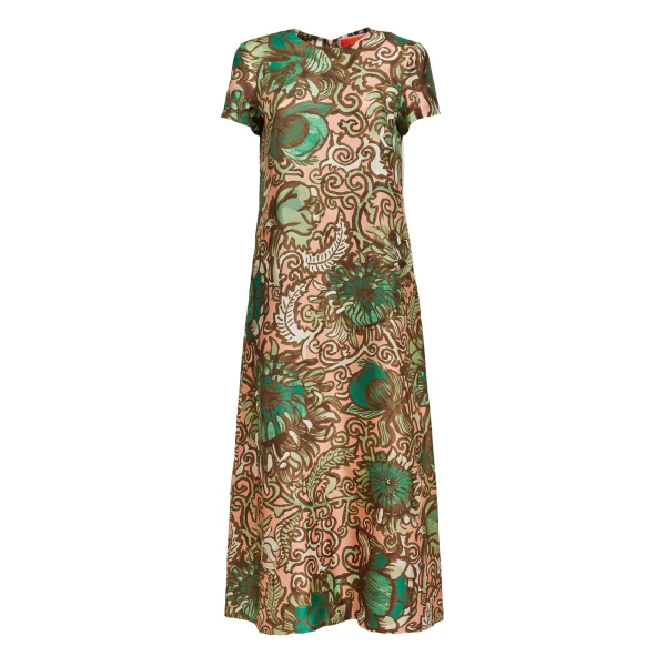 La DoubleJ Swing Dress Nucleus Placée Dusty Pink in Silk Twill With Feathers - Dresses - Milanese Maximalist Fashion at Luxury Shoes 