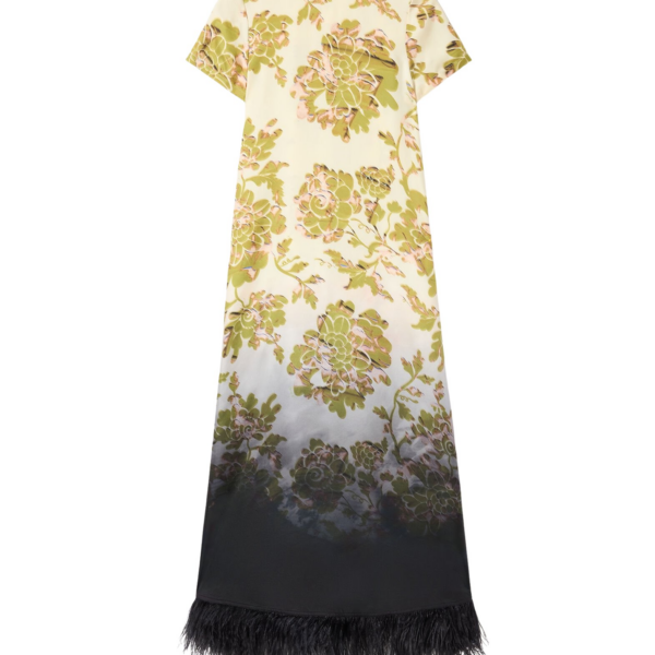La DoubleJ Swing Dress Oasis Ombré Placée Green & Black in Silk Twill With Feathers