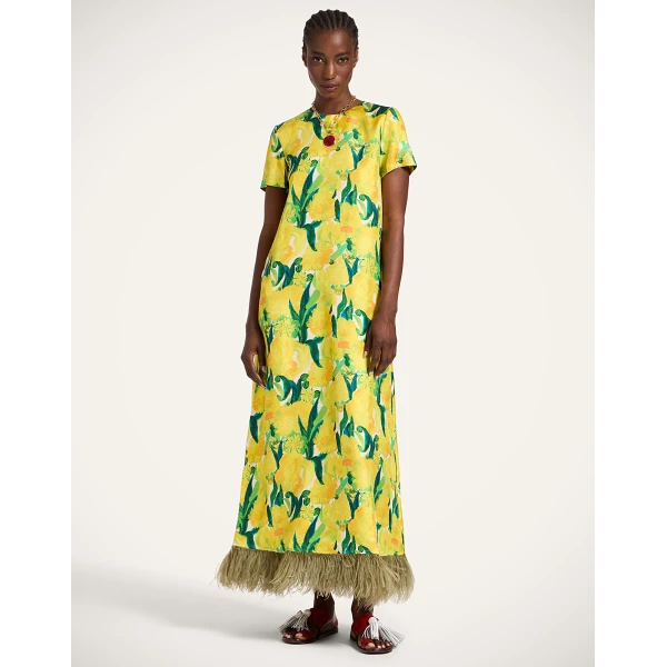 La DoubleJ Swing Dress Zesty Yellow in Silk Twill With Feathers - Dresses - Milanese Maximalist Fashion at Luxury Shoes 