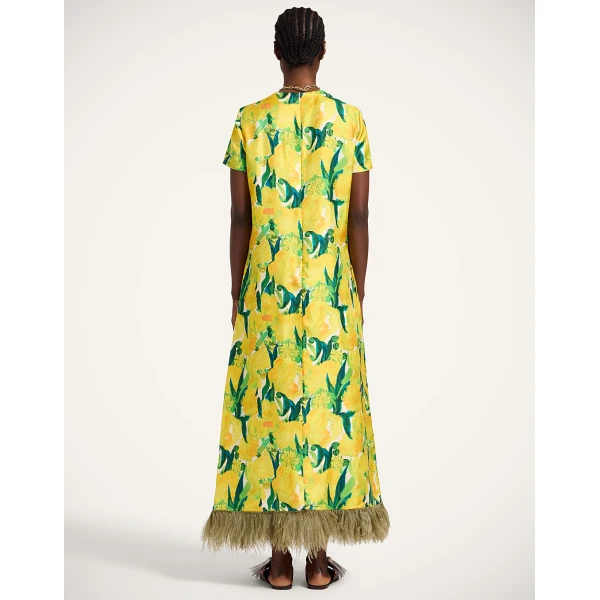 La DoubleJ Swing Dress Zesty Yellow in Silk Twill With Feathers - Dresses - Milanese Maximalist Fashion at Luxury Shoes 