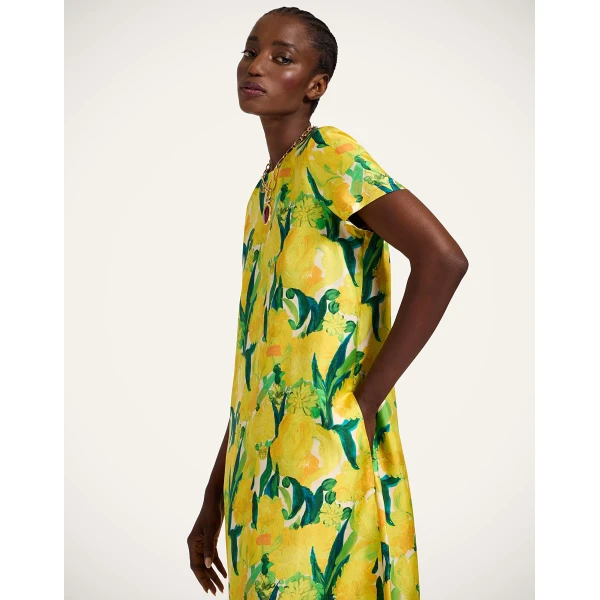 La DoubleJ Swing Dress Zesty Yellow in Silk Twill With Feathers - Dresses - Milanese Maximalist Fashion at Luxury Shoes 