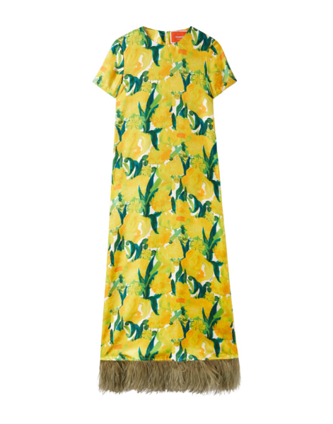 La DoubleJ Swing Dress Zesty Yellow in Silk Twill With Feathers - Dresses - Milanese Maximalist Fashion at Luxury Shoes 