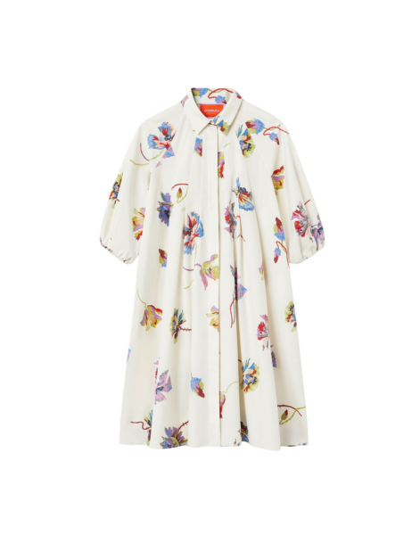 La DoubleJ Swing Dress Zooflora Placée Light Blue in Silk Twill With Feathers - Dresses - Milanese Maximalist Fashion at Luxury Shoes 