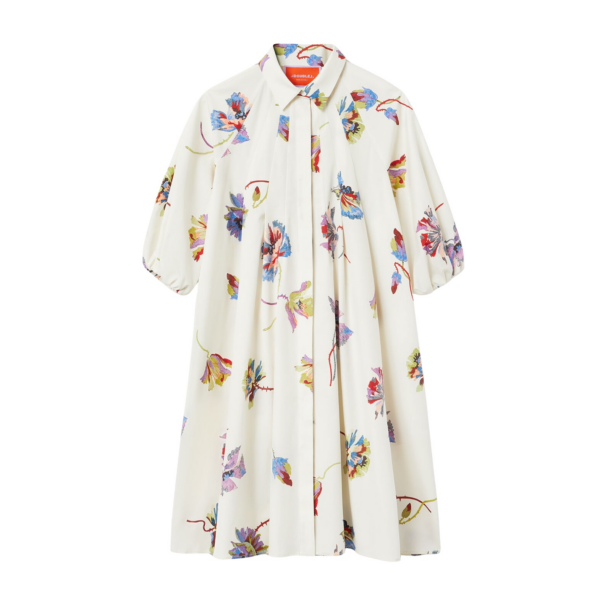 La DoubleJ Swing Dress Zooflora Placée Light Blue in Silk Twill With Feathers