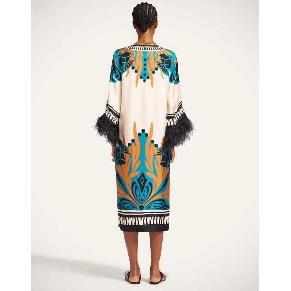 La DoubleJ The Kaftan Florence Placée Ivory in Silk Twill With Feathers -  - Milanese Maximalist Fashion at Luxury Shoes 
