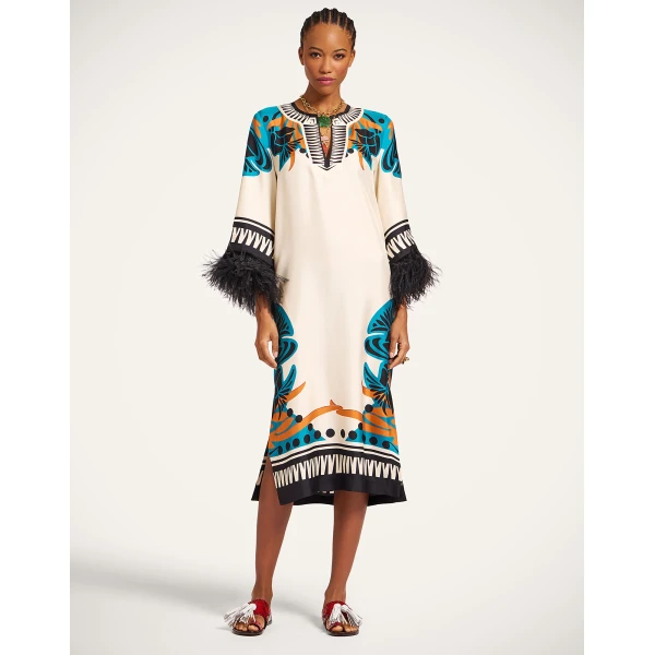 La DoubleJ The Kaftan Florence Placée Ivory in Silk Twill With Feathers -  - Milanese Maximalist Fashion at Luxury Shoes 
