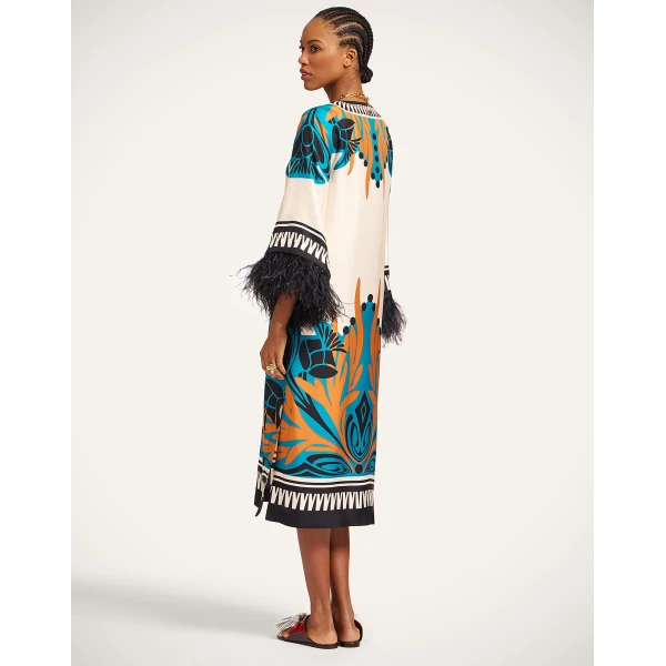La DoubleJ The Kaftan Florence Placée Ivory in Silk Twill With Feathers -  - Milanese Maximalist Fashion at Luxury Shoes 