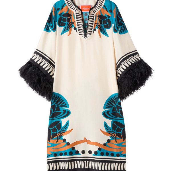 La DoubleJ The Kaftan Florence Placée Ivory in Silk Twill With Feathers