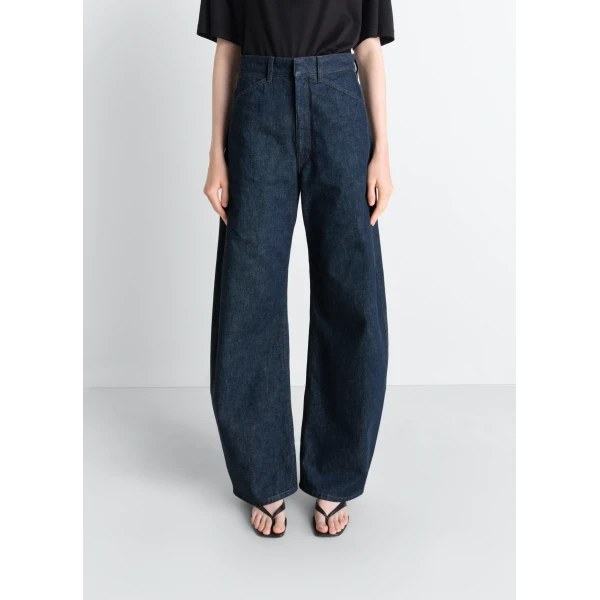 Lemaire High Waisted Curved Pants in Denim - Pants - Parisian Minimalist Luxury at Luxury Shoes 
