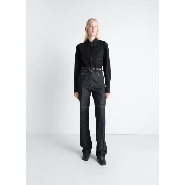 Lemaire High Waisted Straight Pants with Studs in Denim - Pants - Parisian Minimalist Luxury at Luxury Shoes 