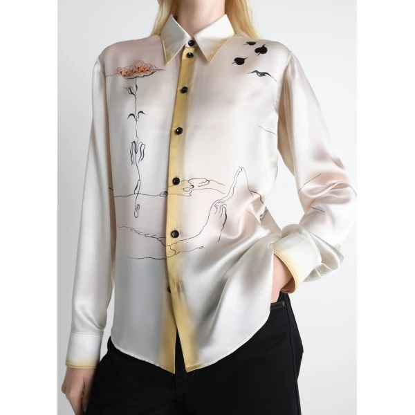 Lemaire Pointed Collar Shirt in Landscape Printed Silk - Tops - Parisian Minimalist Luxury at Luxury Shoes 