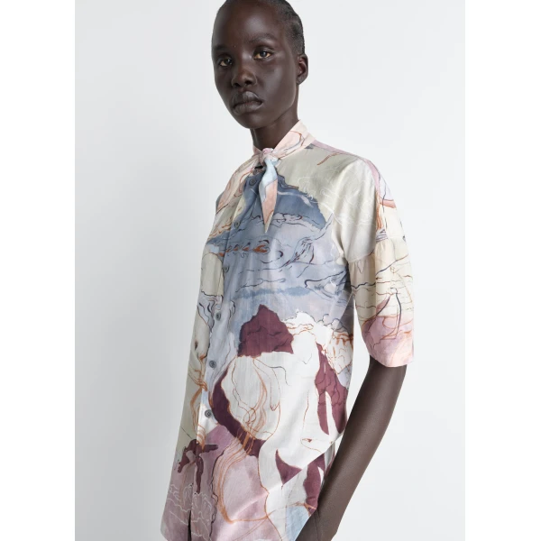 Lemaire Short Sleeve Shirt with Foulard in Aquarel Printed Cotton - Tops - Parisian Minimalist Luxury at Luxury Shoes 